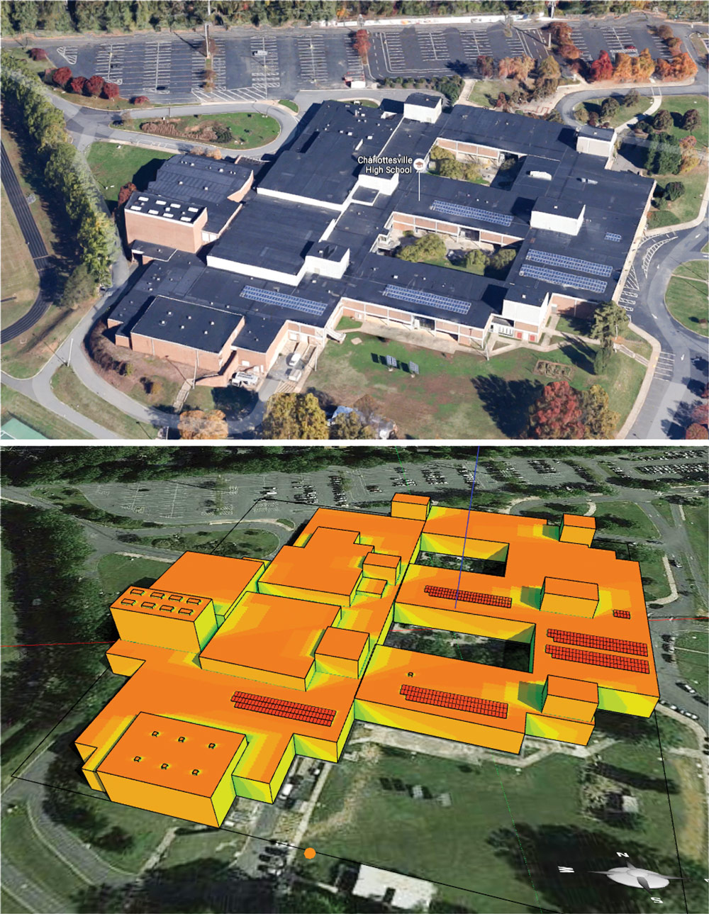 The 3D model of a school in Google Maps and Energy3D's shading visualization shows the distribution of solar radiation on the roof.