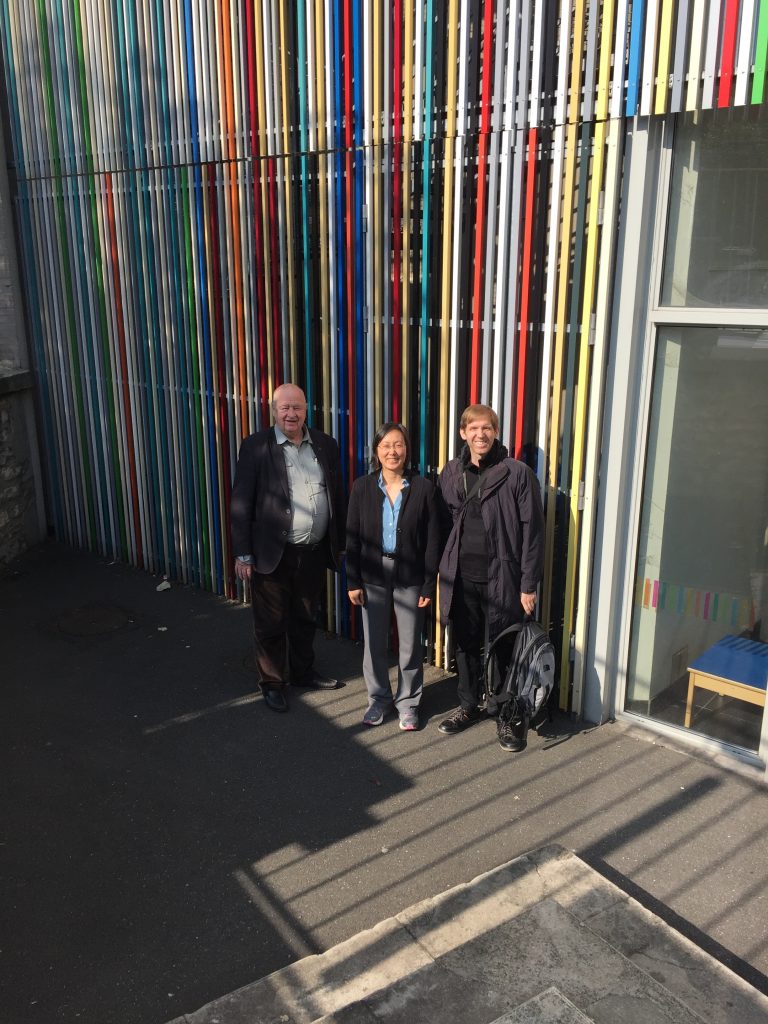 Goery Delacôte, Sherry Hsi, and Chad Dorsey at the entrance of Exploradome in Vitry-sur-Seine south east of Paris. Colors from the building were selected from colors found around the local neighborhood.