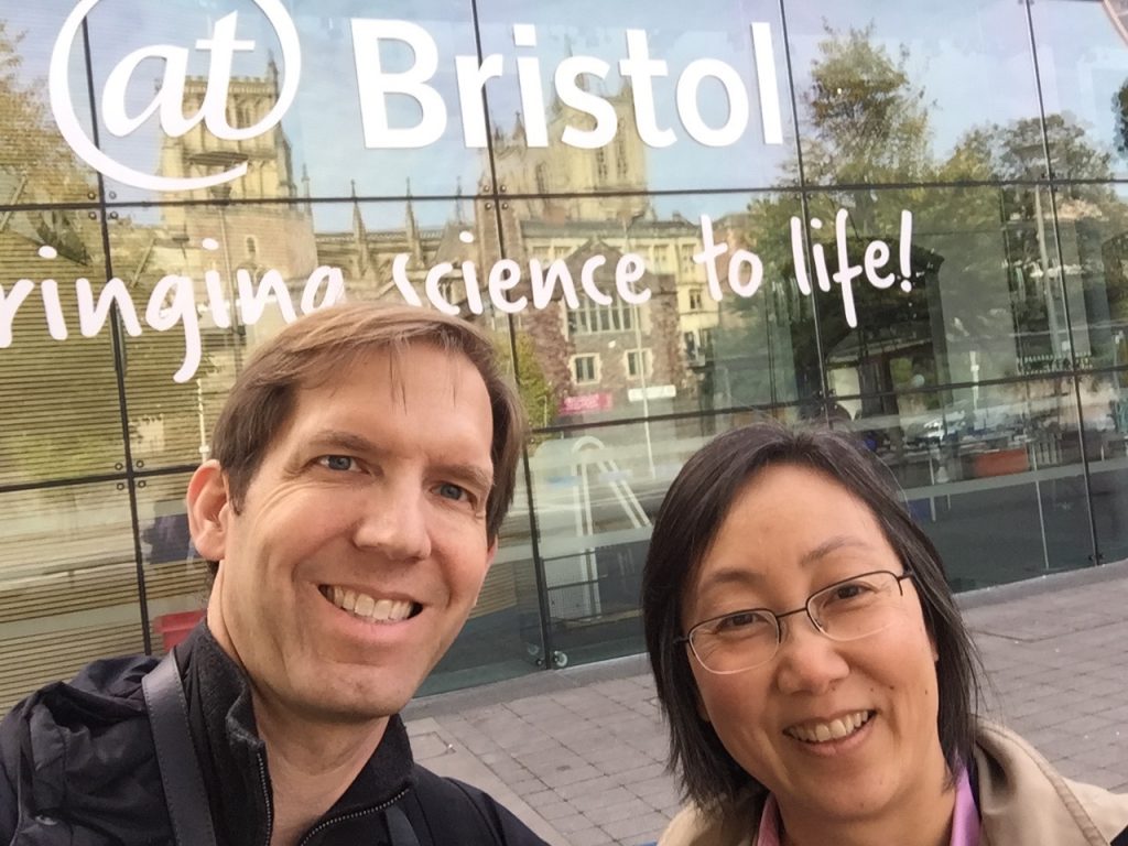 Chad Dorsey and Sherry Hsi at the entrance of At-Bristol Science Center.