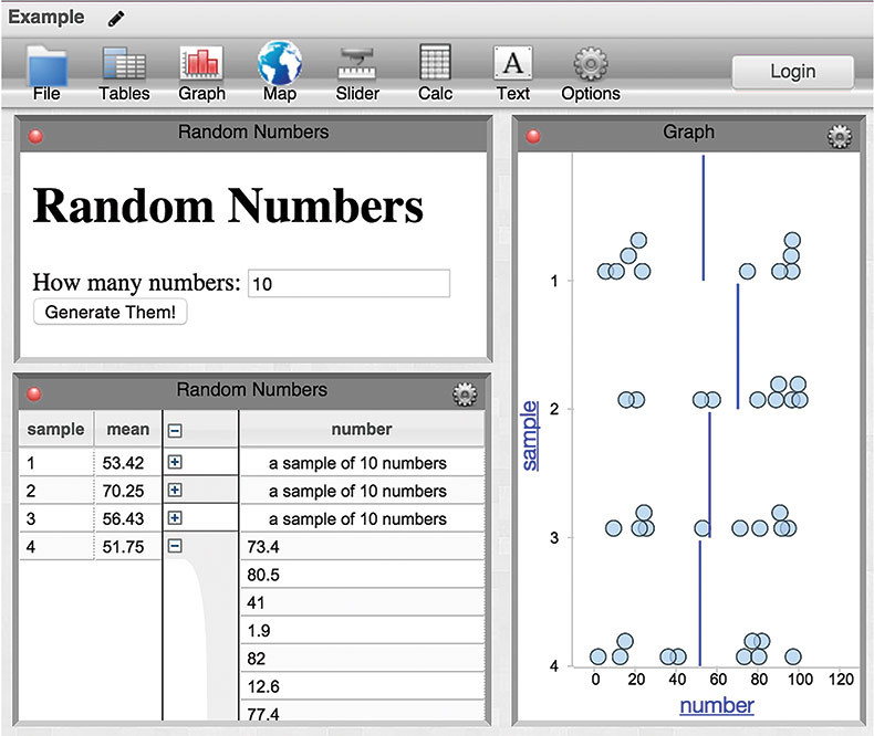 Figure 1. The Random Numbers simulation is embedded in CODAP, having generated four runs of 10 numbers.