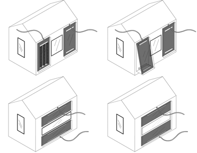 Fig. 3: Four design variations of HAC units. (a) A corrugated absorbing surface. (b) A slanted surface to receive more sunlight. (c) Two HACs aligned with a window in the middle. (d) A large HAC unit with a window.