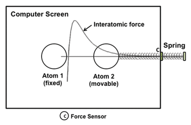 Figure 3. A mixed-reality activity for studying interatomic interactions. Students can push or pull a spring to “feel” the attraction and repulsion force between two atoms.