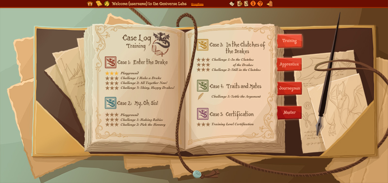 Students track their own progress through the Guild and navigate to each Geniverse Lab activity through the Case Log.