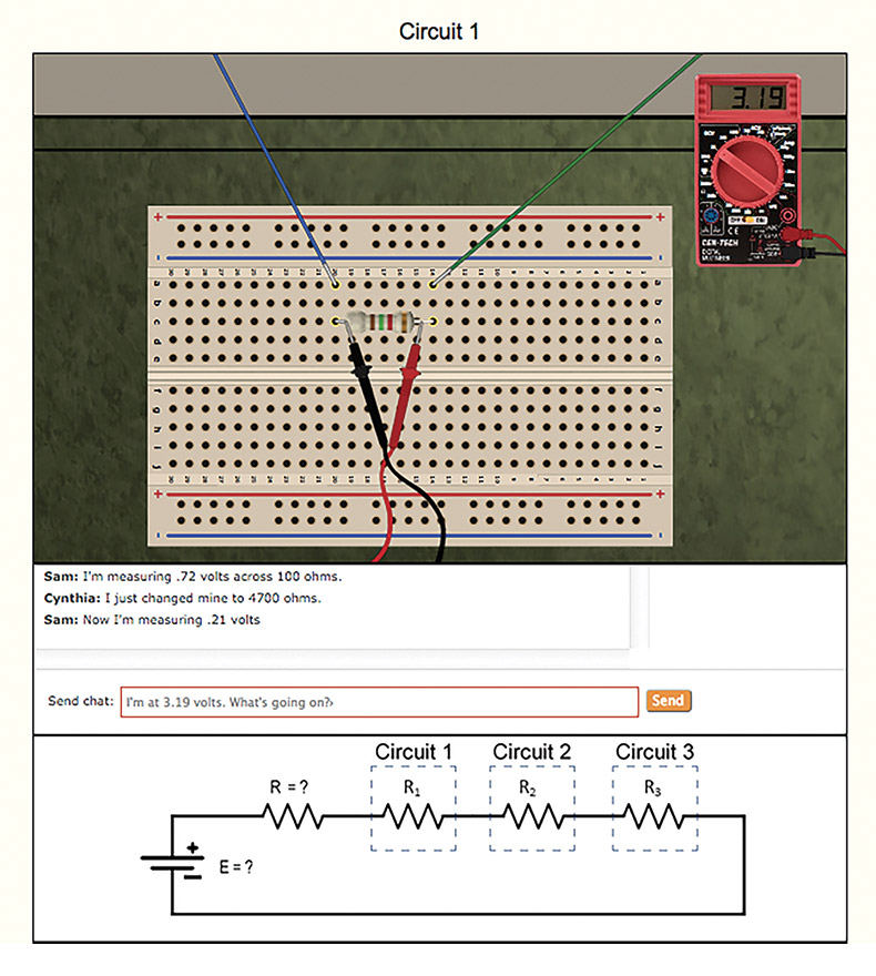 Figure 1. The Teaching Teamwork activity as seen by the student who is in control of the first breadboard. The chat window and schematic are visible to all members of the team; only their breadboards are different.