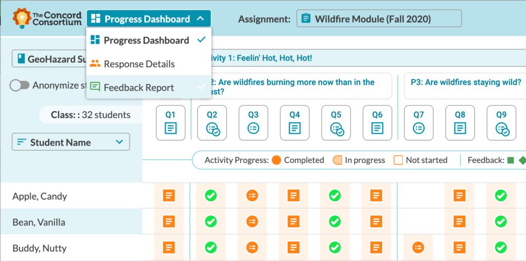 Class Dashboard with pop-up menu of three feedback views