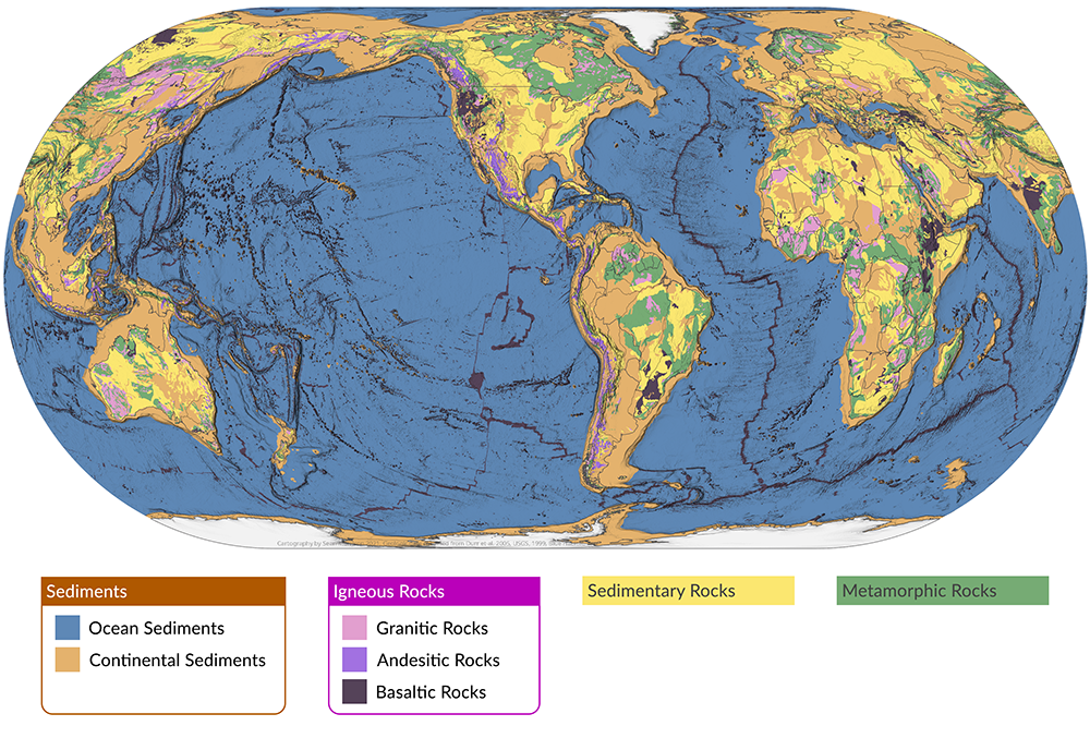 World distribution map of igneous, metamorphic, and sedimentary rocks