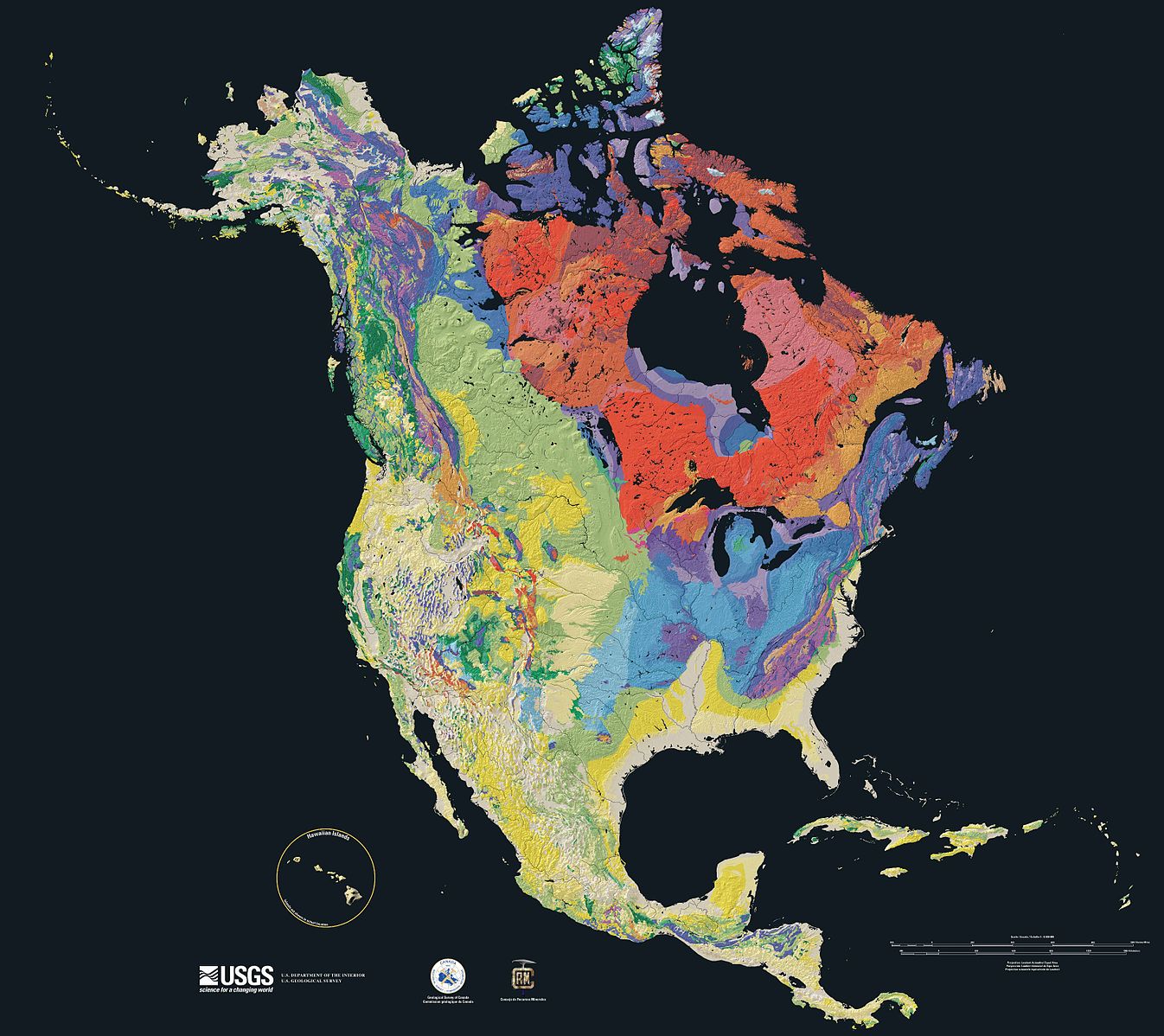 Relief map showing the varying age of bedrock underlying North America