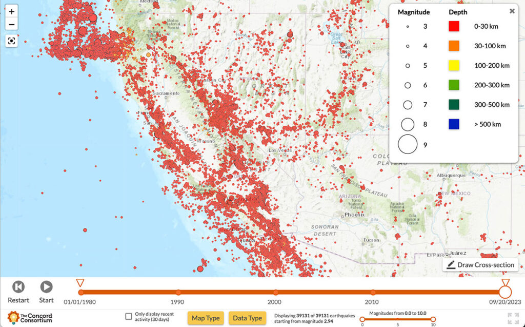 The Seismic Explorer showing the number of earthquakes that occurred in California between 1980 and the present.