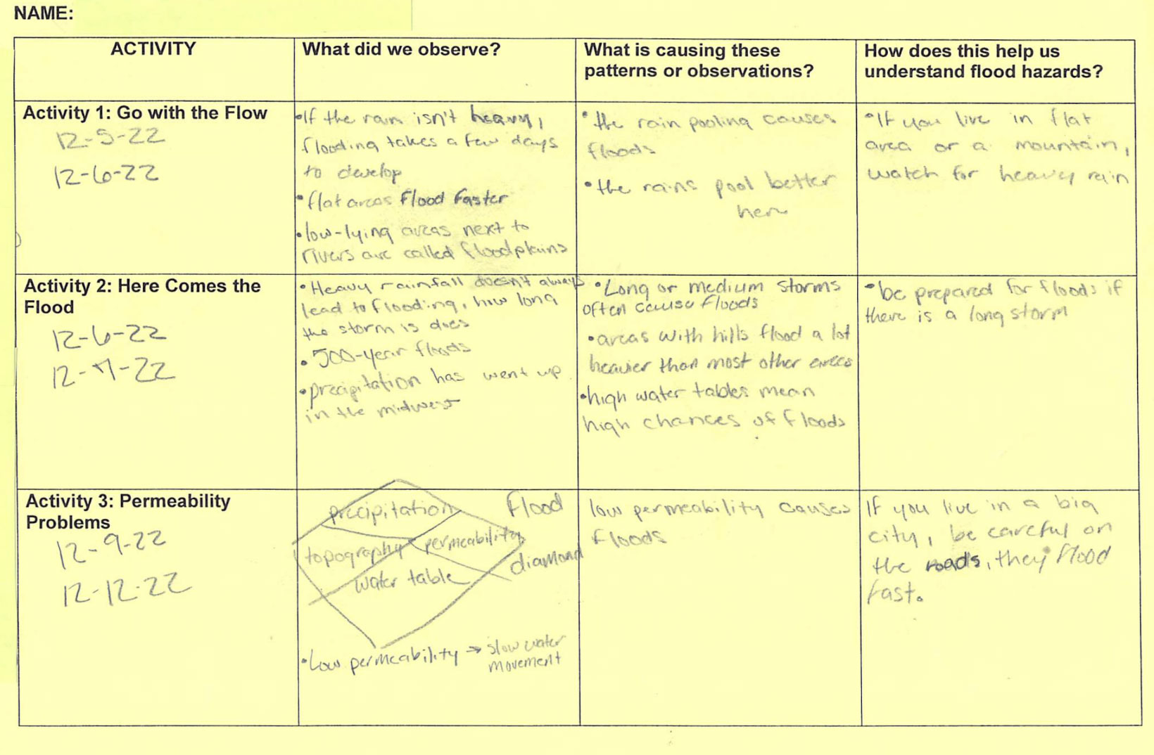 An example of one student's summary table