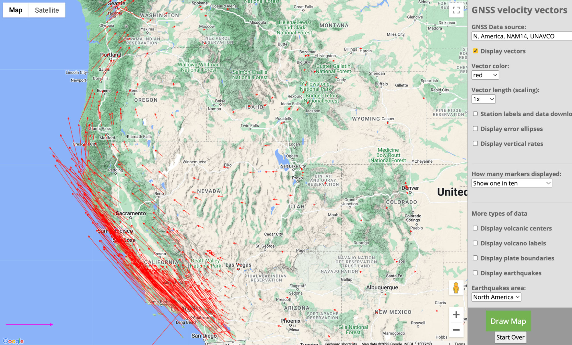 Velocity vectors showing ground motion as measured by GPS instruments permanently attached to the ground.