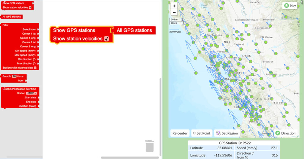 The GeoCoder. Code blocks click together to create programs that students run to create visualizations. In this image, students plot the locations and their velocities of the GPS stations in Central California.