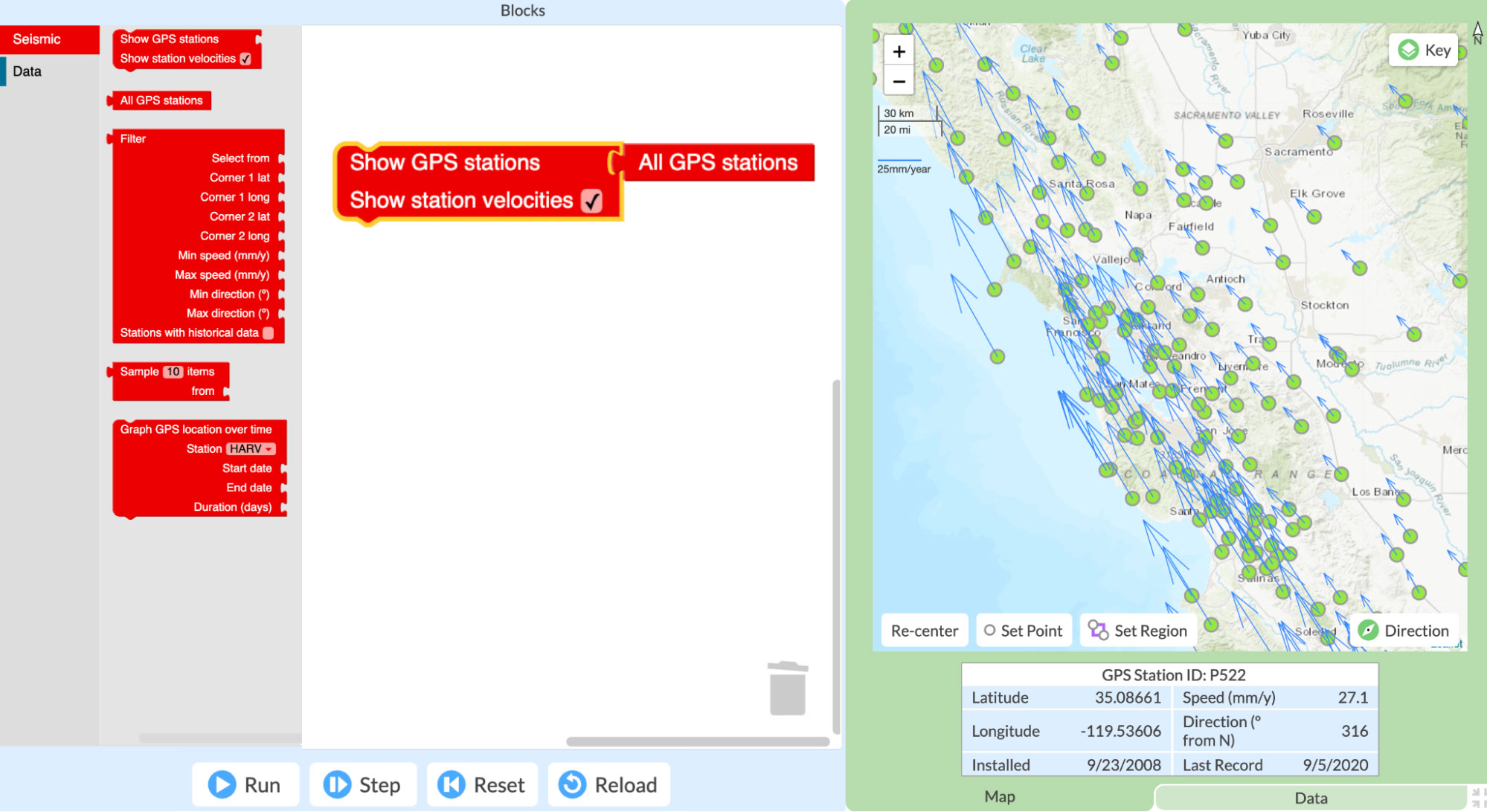 The GeoCoder. Code blocks click together to create programs that students run to create visualizations. In this image, students plot the locations and their velocities of the GPS stations in Central California.