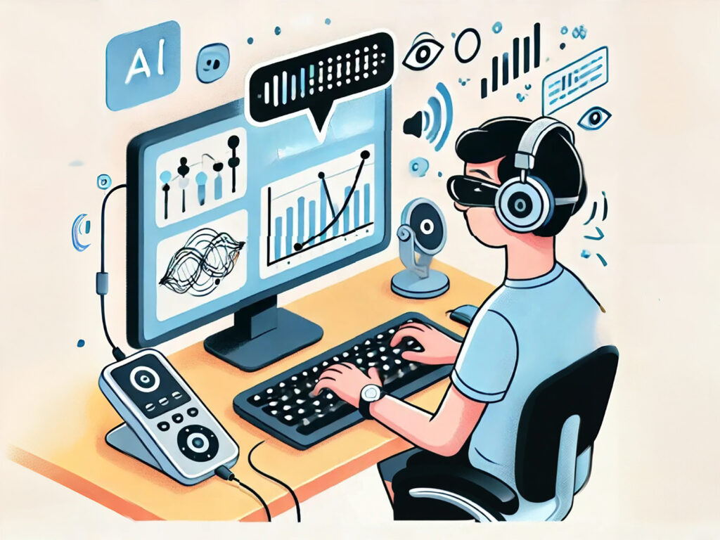 An AI-generated cartoon of a person wearing headphones and dark glasses, sitting in front of a computer. Symbols representing data and sound waves hang in the air.