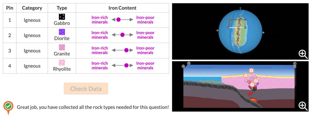 TecRocks Explorer showing four rock types in the data table.