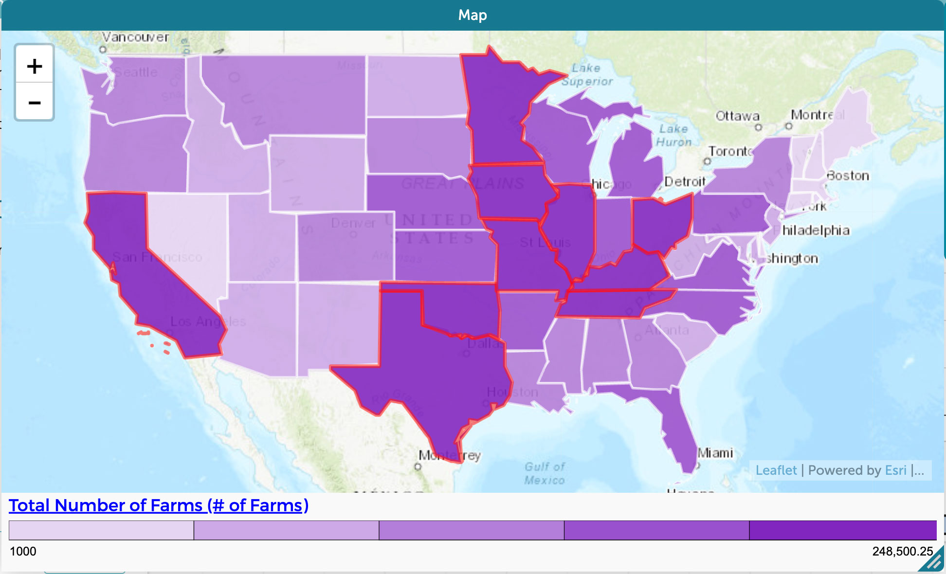 Total number of farms with a color distribution. 