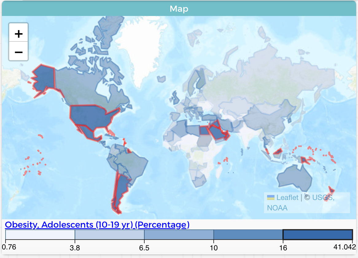 Map of obesity in adolescents across the world in 2022.