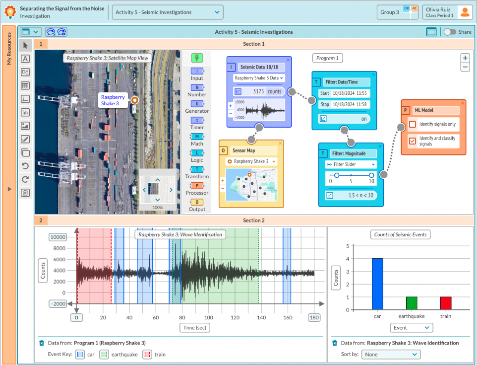 The Dataflow programming interface (upper right) with a mock-up of the blocks students can connect to process incoming seismic wave data (bottom left). 