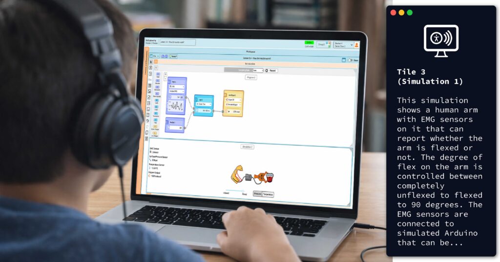 Student wearing headphones using screen reader.