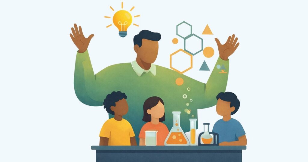 Graphic of supersized teacher behind three students at lab bench to show the teacher inspiring the students as a "STEM giant"