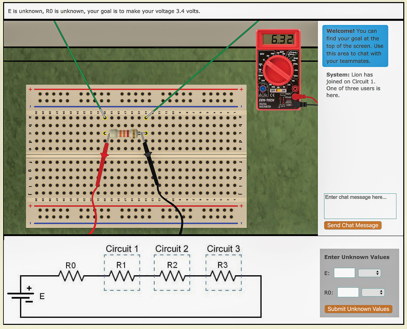 The three-resistor challenge (Level D), as seen by team member Lion on Circuit 1.