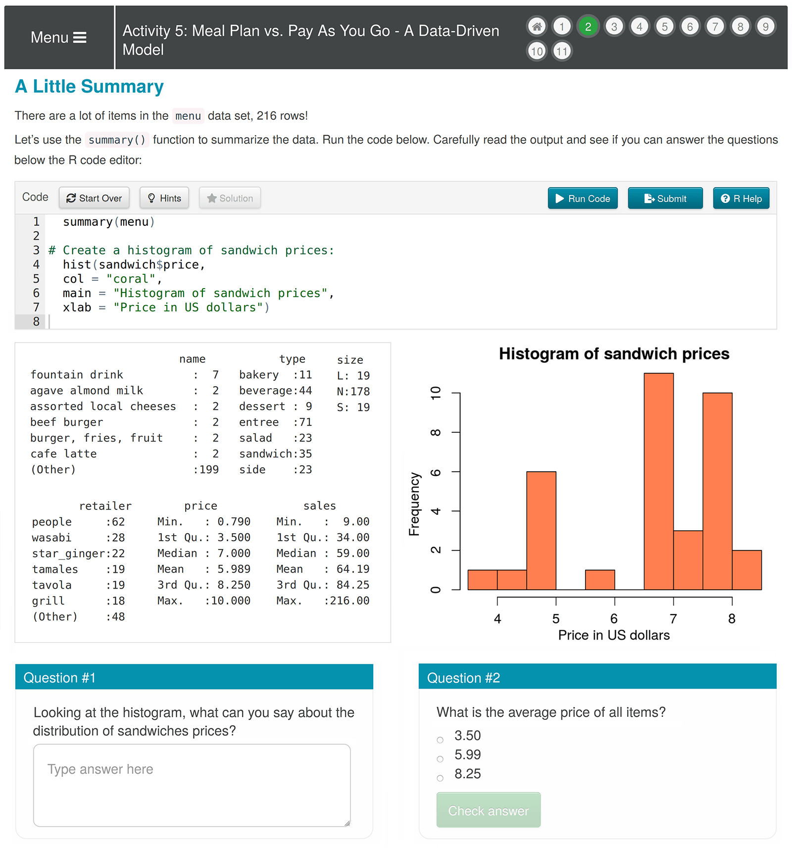 R code snippets and their outputs, including graphs, statistical information tables, and open-ended and multiple-choice questions.
