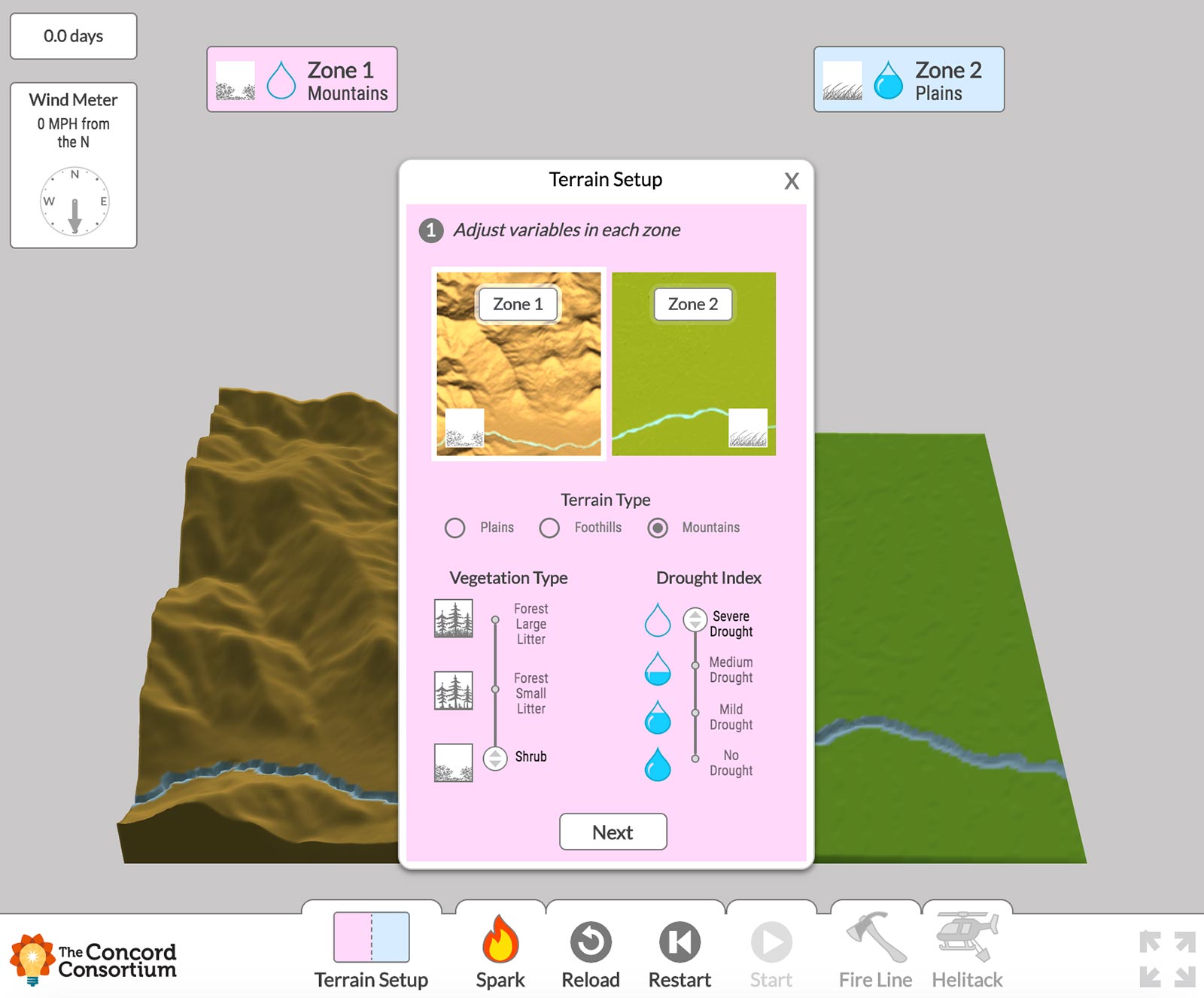 In the Terrain Setup window, students change input parameters of the Wildfire Explorer model to observe how each variable influences wildfire spread.
