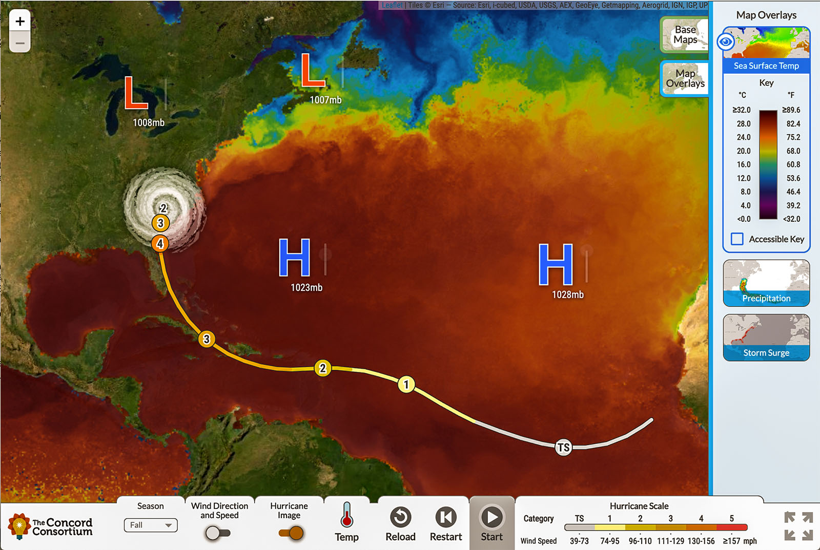 In the hurricane module, students use the Hurricane Explorer to investigate factors that affect hurricane strength.